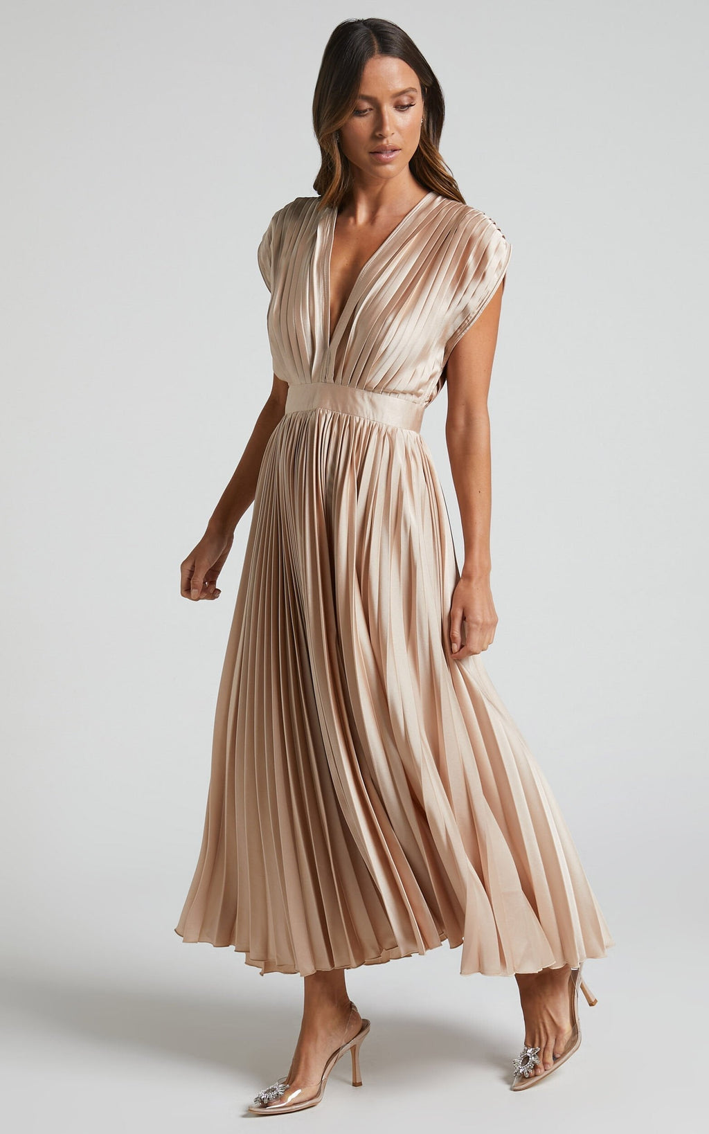 Elegant Satin Pleated V-neck Flowing Midi Dress