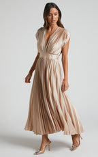 Elegant Satin Pleated V-neck Flowing Midi Dress