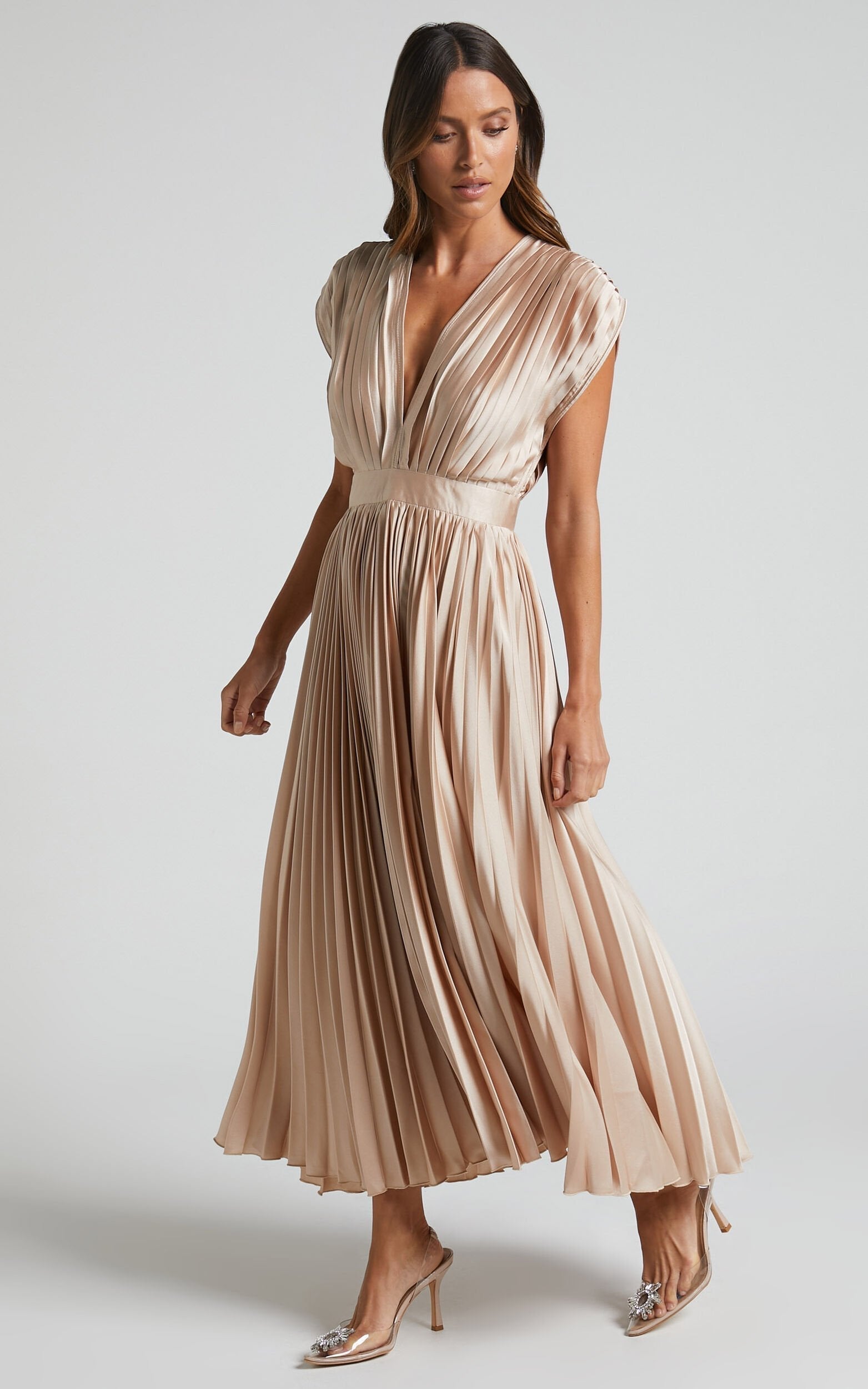 Elegant Satin Pleated V-neck Flowing Midi Dress