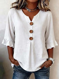 Solid V-Neck Button Ruffle Half Sleeve Casual Top