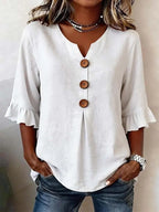 Solid V-Neck Button Ruffle Half Sleeve Casual Top