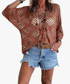 Bohemian V-neck Diamond-patterned Openwork Batwing Sleeve Knit Top
