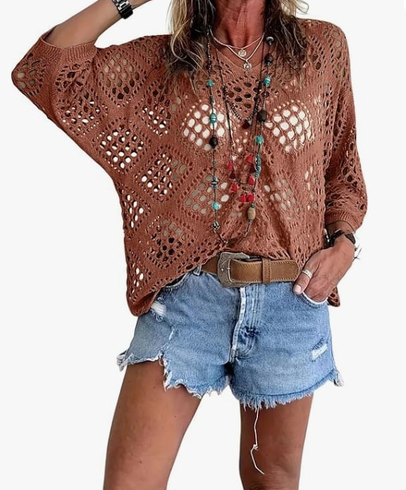 Bohemian V-neck Diamond-patterned Openwork Batwing Sleeve Knit Top