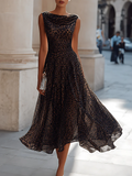Leopard Print Cowl Neck Sleeveless Pleated Midi Dress Elegant Flowy Swing Dress