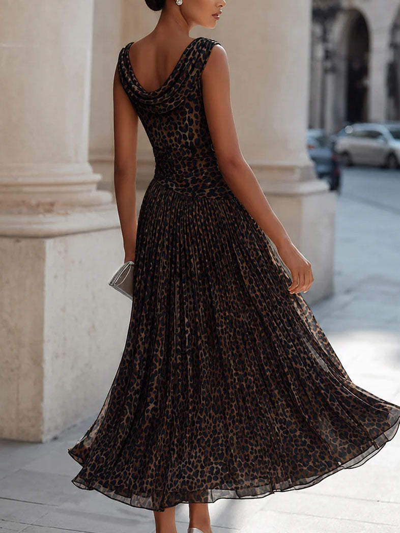 Leopard Print Cowl Neck Sleeveless Pleated Midi Dress Elegant Flowy Swing Dress