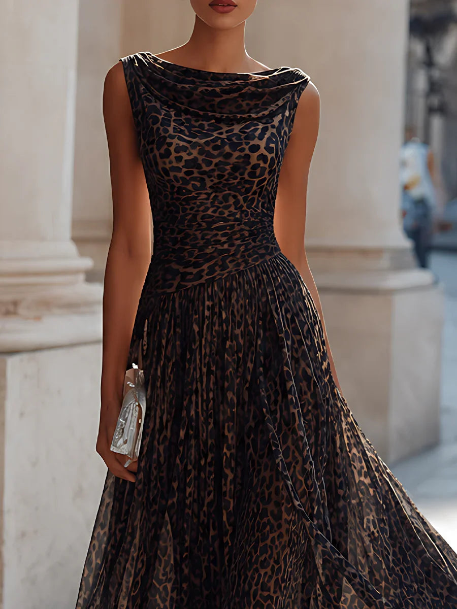 Leopard Print Cowl Neck Sleeveless Pleated Midi Dress Elegant Flowy Swing Dress