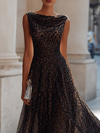 Leopard Print Cowl Neck Sleeveless Pleated Midi Dress Elegant Flowy Swing Dress