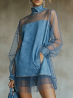 Denim Stand Collar Loose Long Sleeve Mini Dress