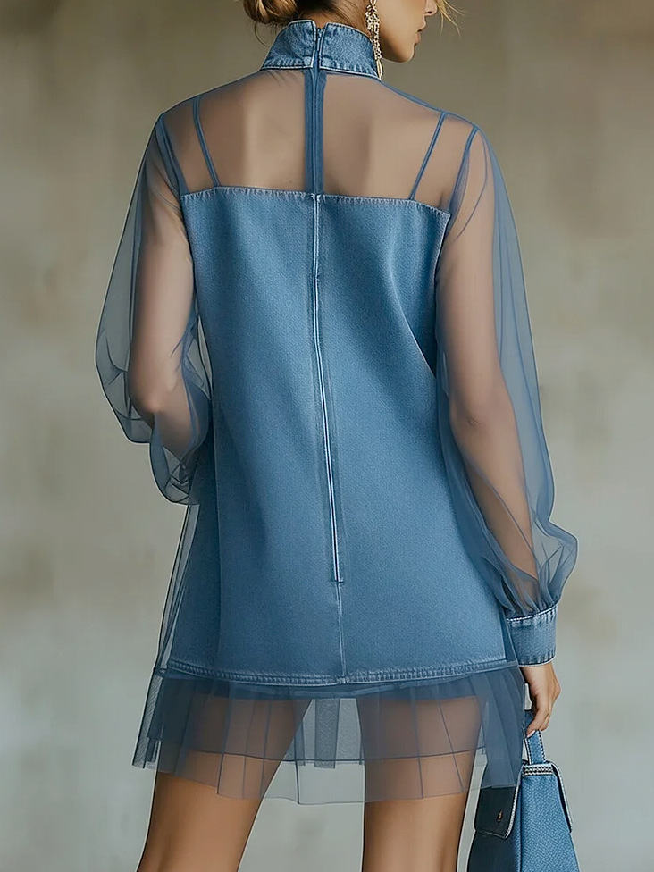 Denim Stand Collar Loose Long Sleeve Mini Dress