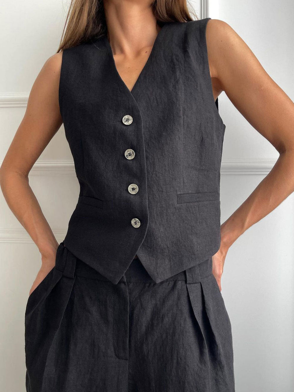 Classic V-neck Pleated Cotton and Linen Wide-leg Pants Suit