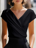 Elegant Satin Wrap V-Neck Short-Sleeve Shirt