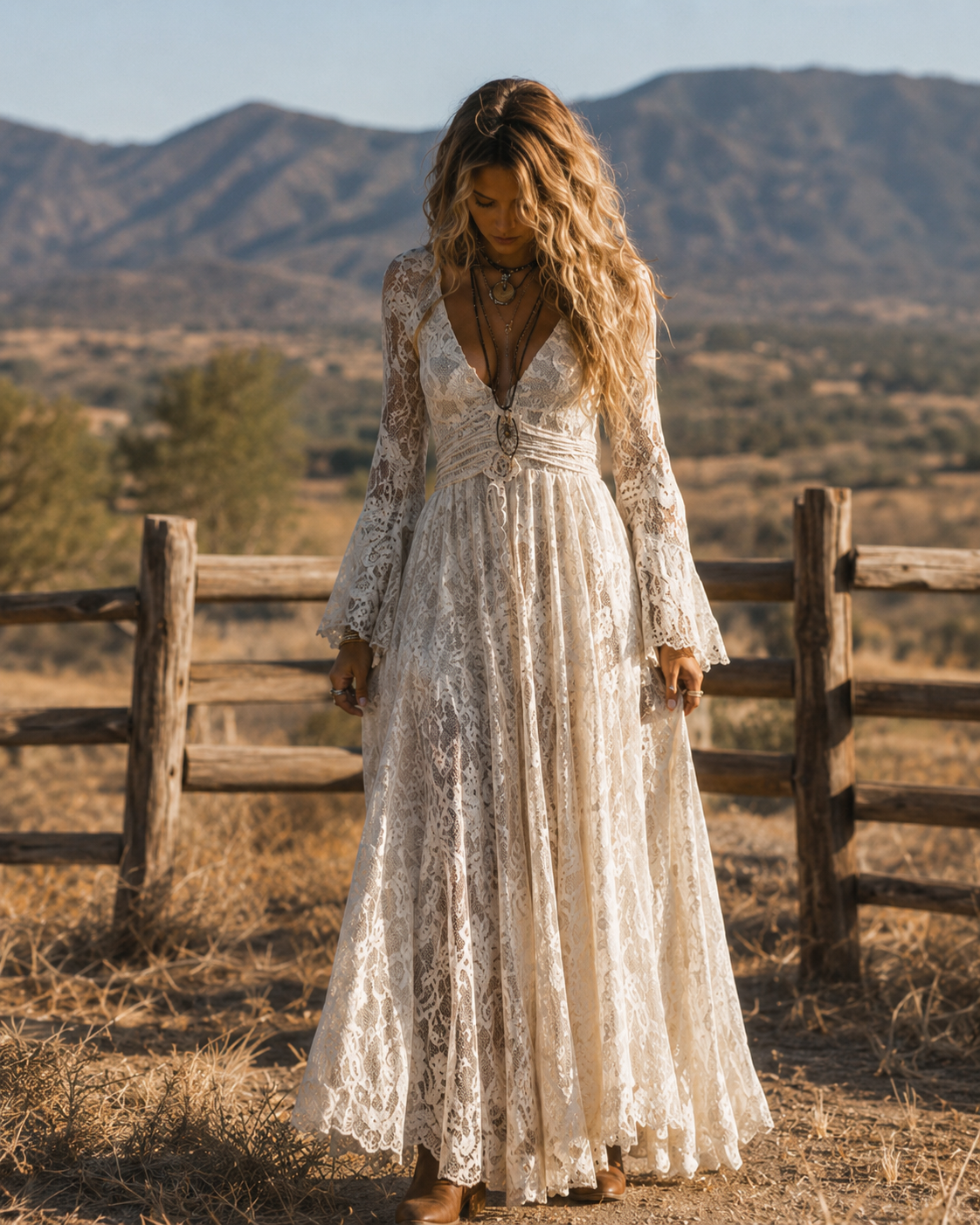 Apricot Lace V-neck Bell Sleeve Bohemian Maxi Dress