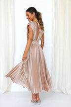 Elegant Satin Pleated V-neck Flowing Midi Dress