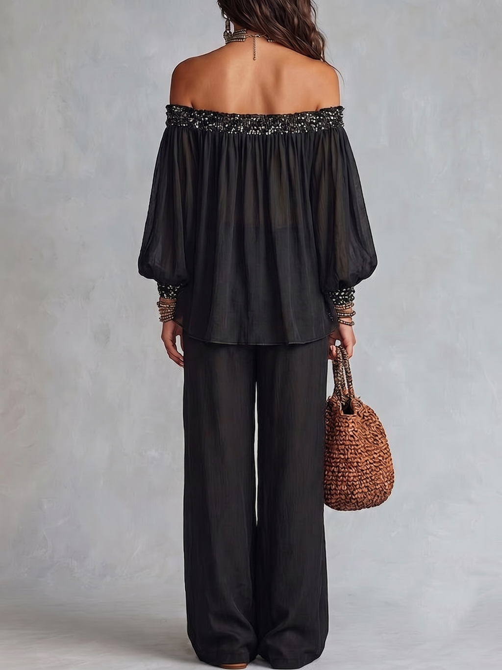 Black Off-the-shoulder Sequined Top Paired With Drawstring Wide-leg Pants Set
