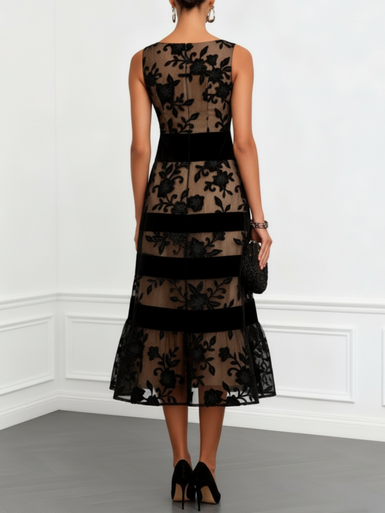 Black Mesh Floral Sleeveless A-Line Midi Dress