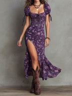 Boho Smocked Floral Puff-Sleeve Midi Dress