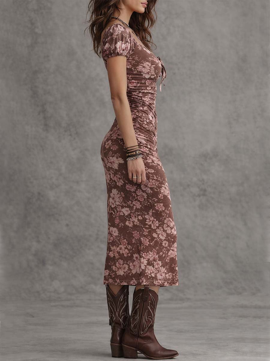 Sweetheart Neck Puff Sleeve Bodycon Midi Dress With Slit