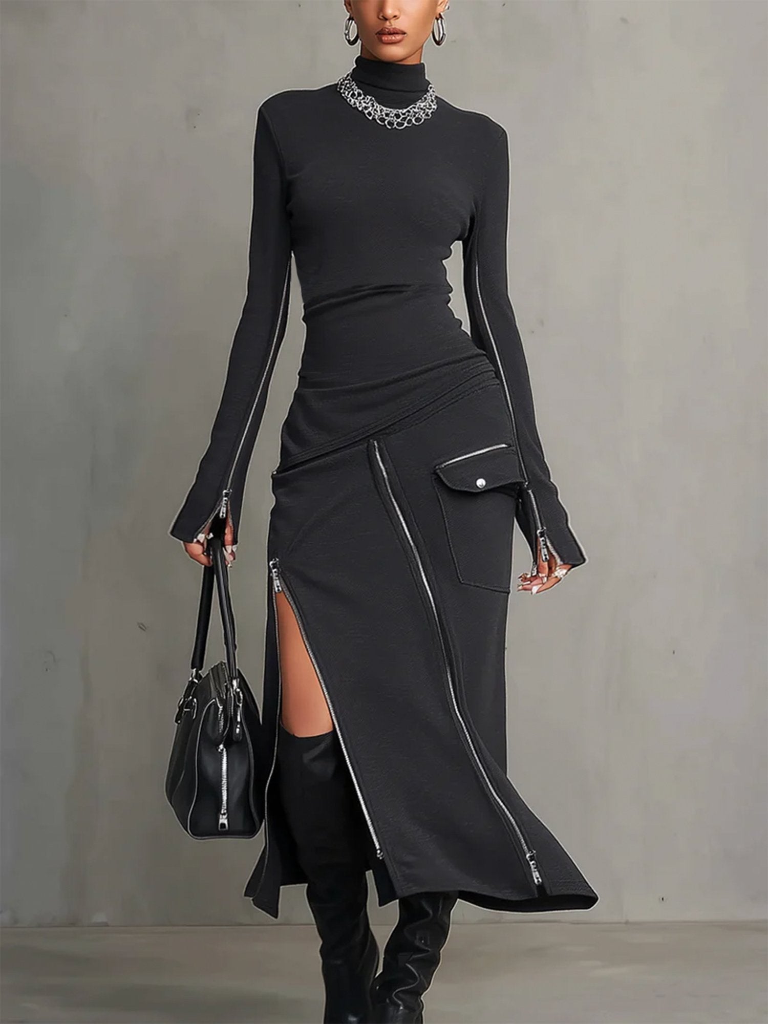 High-neck irregular zipper pocket set