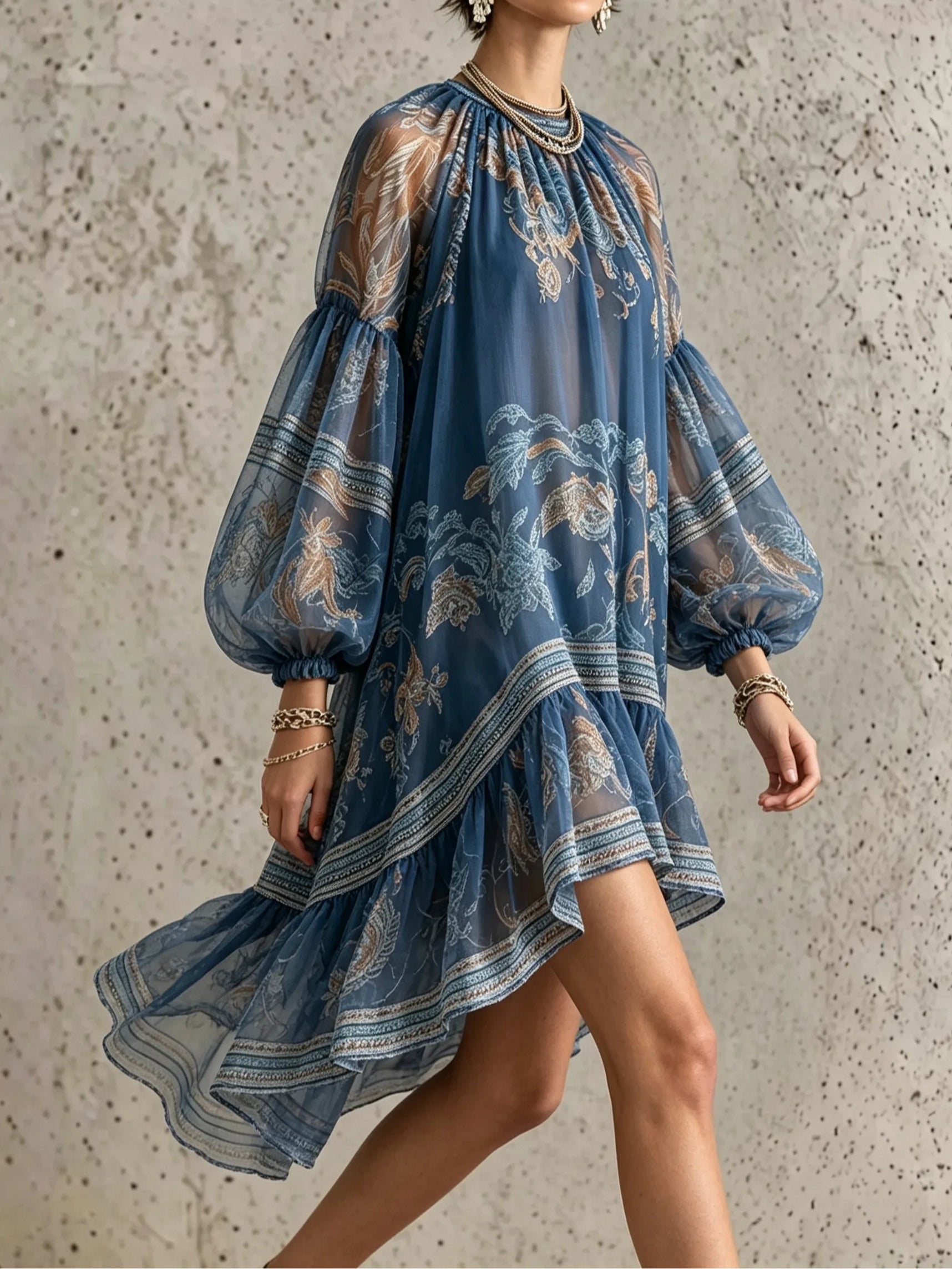 Vintage elegant printed long-sleeve loose mini dress