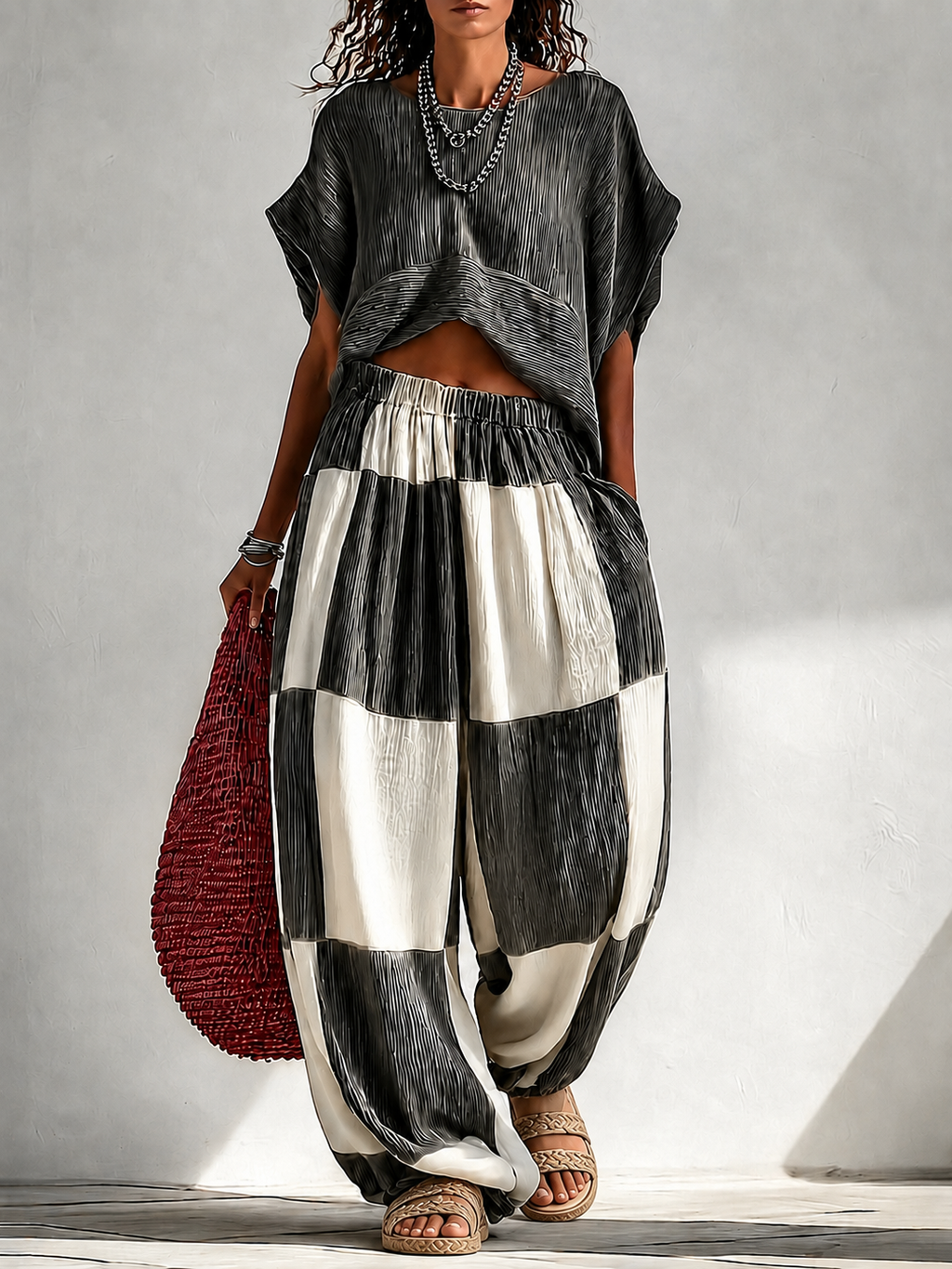 Pleated Crop Top & Color Block Wide Leg Plaid Pants Two Piece Vacation Set