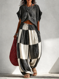 Pleated Crop Top & Color Block Wide Leg Plaid Pants Two Piece Vacation Set