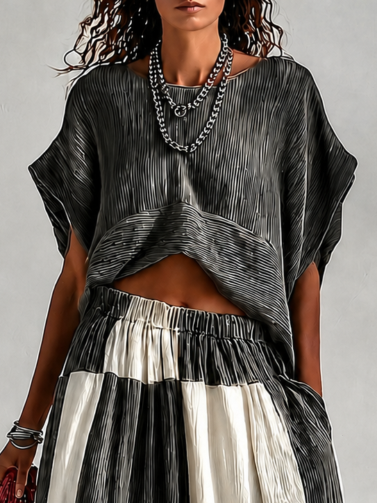Pleated Crop Top & Color Block Wide Leg Plaid Pants Two Piece Vacation Set
