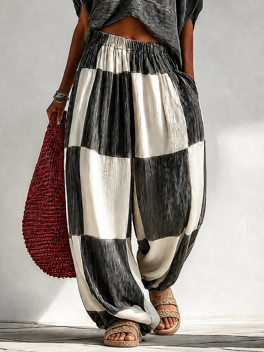Pleated Crop Top & Color Block Wide Leg Plaid Pants Two Piece Vacation Set