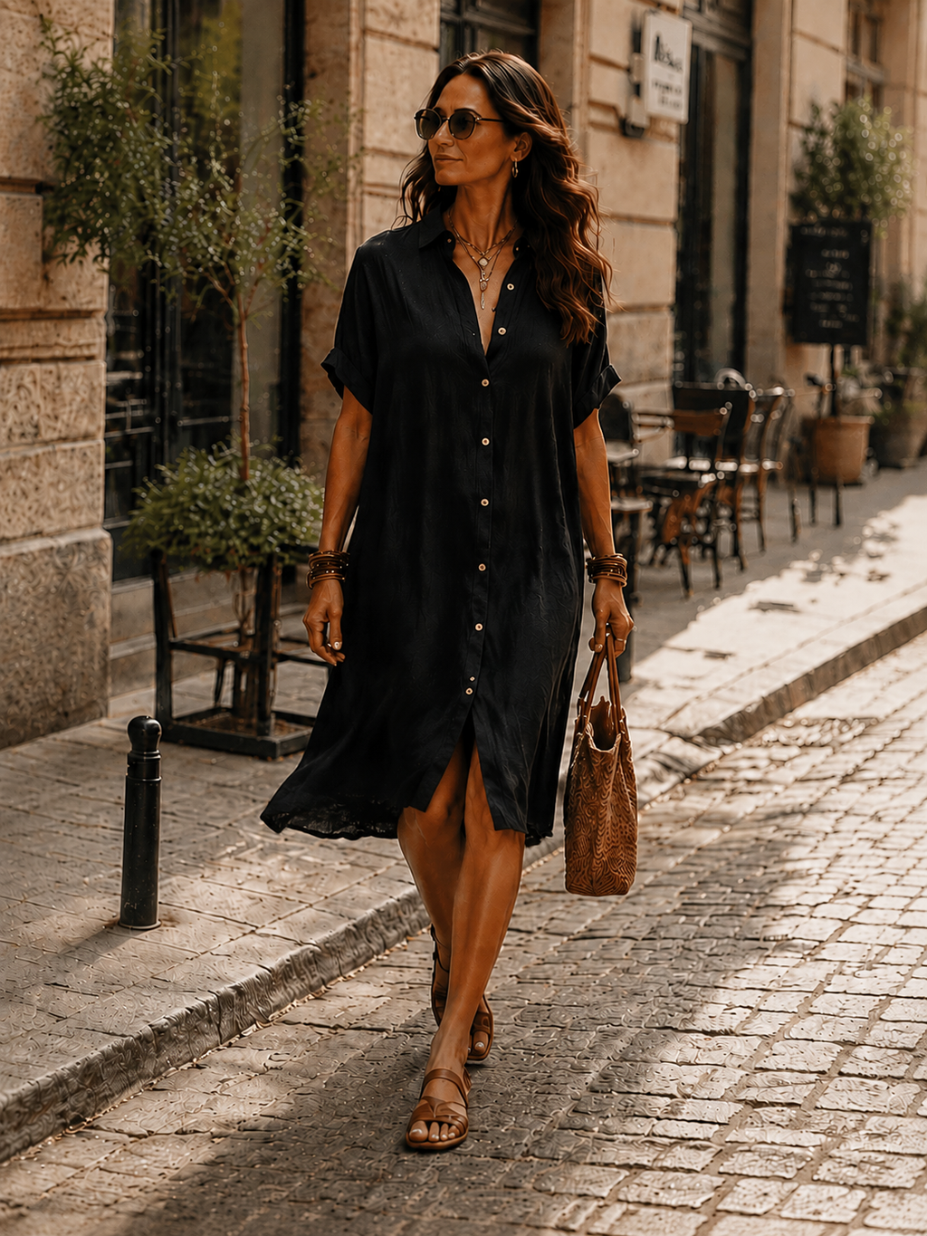 Bohemian Black Loose-fitting Midi Dress