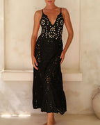 Black Laser Cutting Flower Hollow One Piece Swimsuit and Skirt