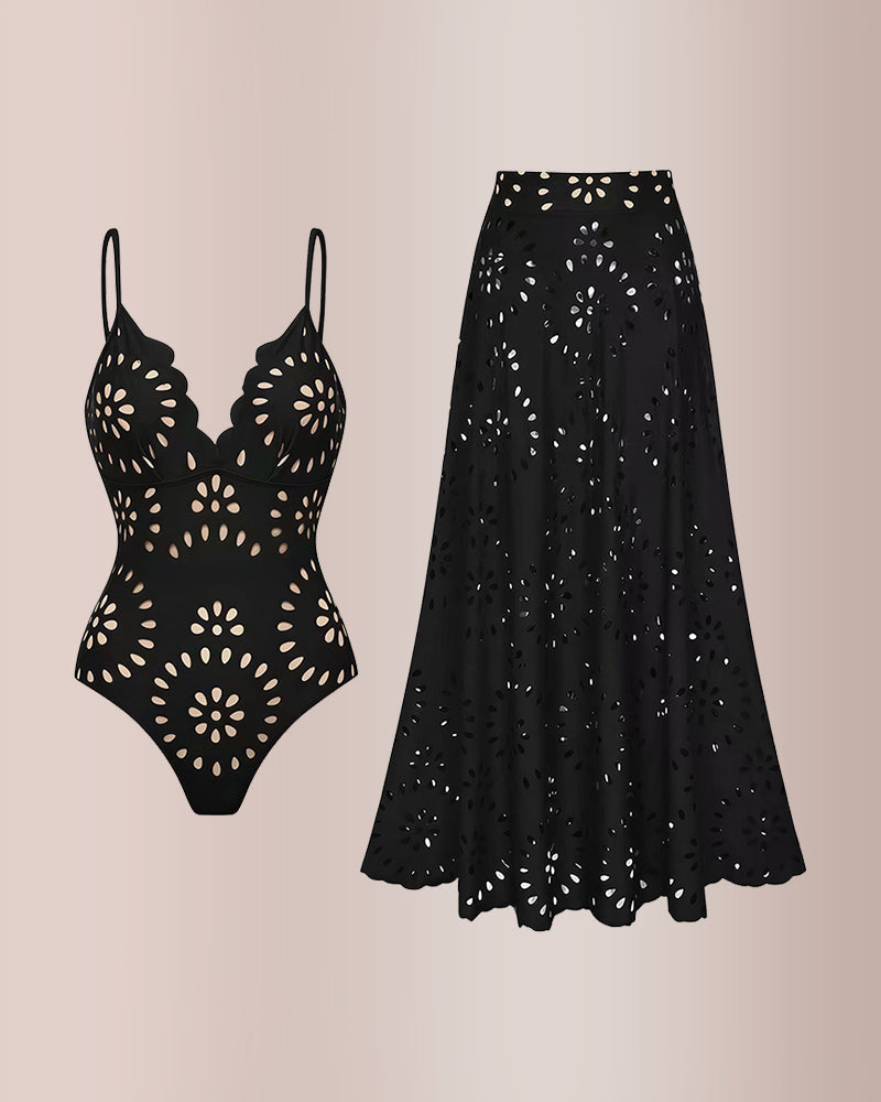 Black Laser Cutting Flower Hollow One Piece Swimsuit and Skirt
