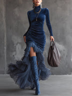 Dark blue velvet pleated ruffled maxi dress