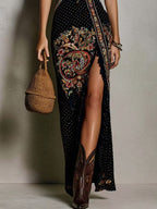 Bohemian-Style Printed Dress with Deep V-Neck and High Slit