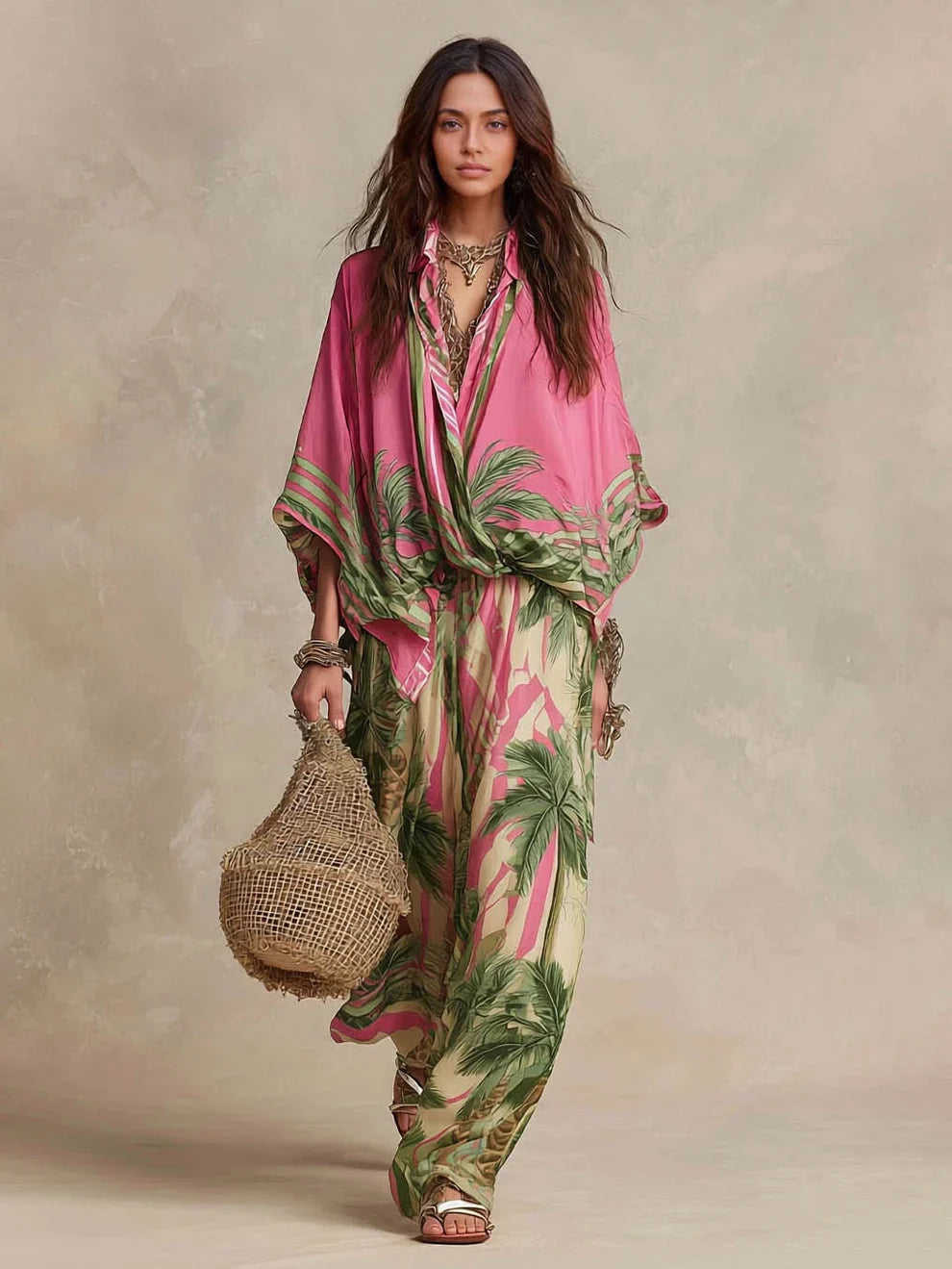 Effortless Palm-Print Kimono Two-Piece Set