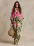 Effortless Palm-Print Kimono Two-Piece Set