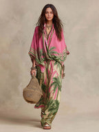 Effortless Palm-Print Kimono Two-Piece Set