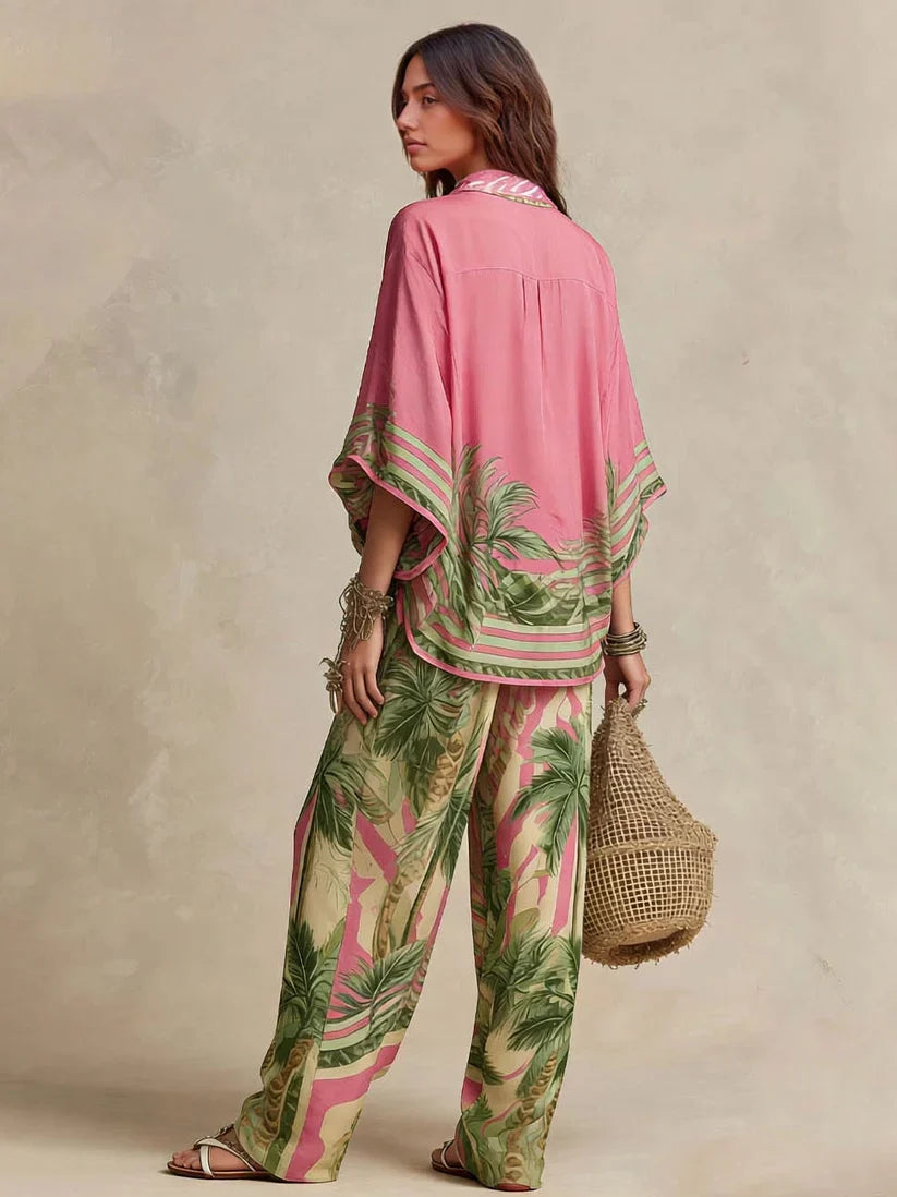 Effortless Palm-Print Kimono Two-Piece Set