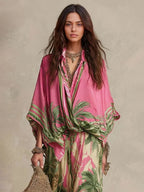 Effortless Palm-Print Kimono Two-Piece Set