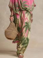 Effortless Palm-Print Kimono Two-Piece Set