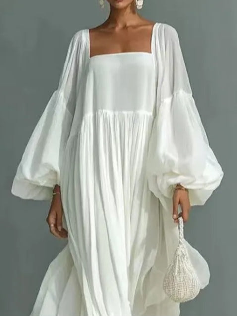 Stylish Square-Neck Puff-Sleeve Loose Maxi Dress