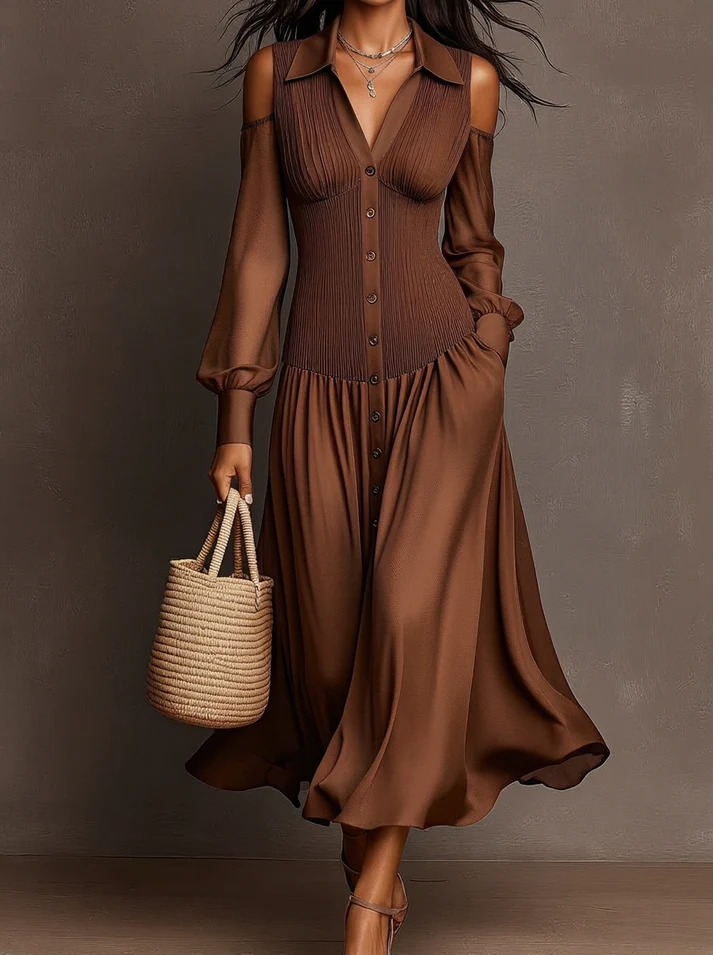 Brown Cold Shoulder Chiffon Sleeve Ruched Waist Button Front Midi Shirt Dress