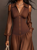 Brown Cold Shoulder Chiffon Sleeve Ruched Waist Button Front Midi Shirt Dress