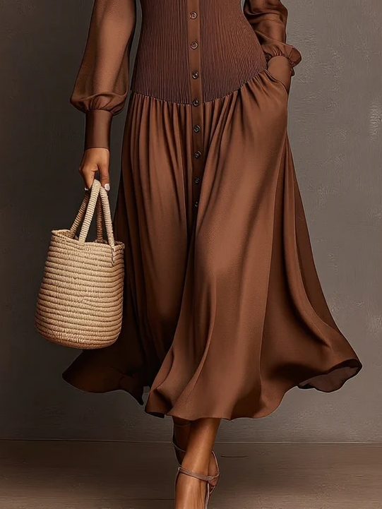 Brown Cold Shoulder Chiffon Sleeve Ruched Waist Button Front Midi Shirt Dress
