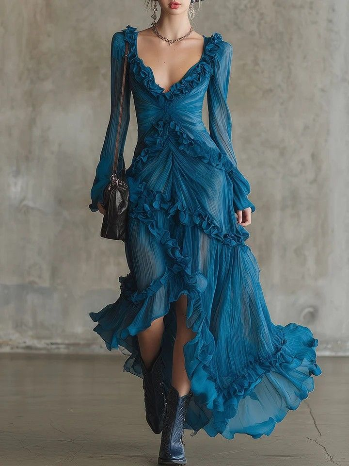 Ocean Blue Bohemian V-Neck Ruffled Chiffon Dress