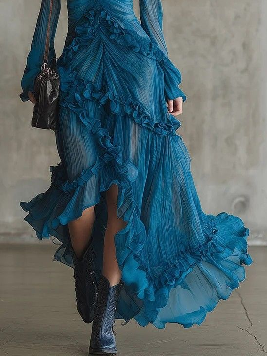 Ocean Blue Bohemian V-Neck Ruffled Chiffon Dress