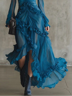 Ocean Blue Bohemian V-Neck Ruffled Chiffon Dress