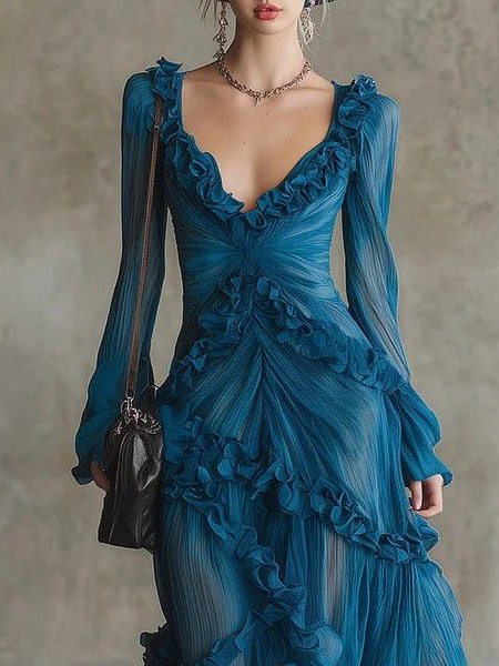 Ocean Blue Bohemian V-Neck Ruffled Chiffon Dress