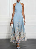 Light Blue Floral Chiffon Halter Sleeveless Maxi Dress