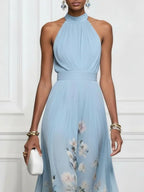 Light Blue Floral Chiffon Halter Sleeveless Maxi Dress