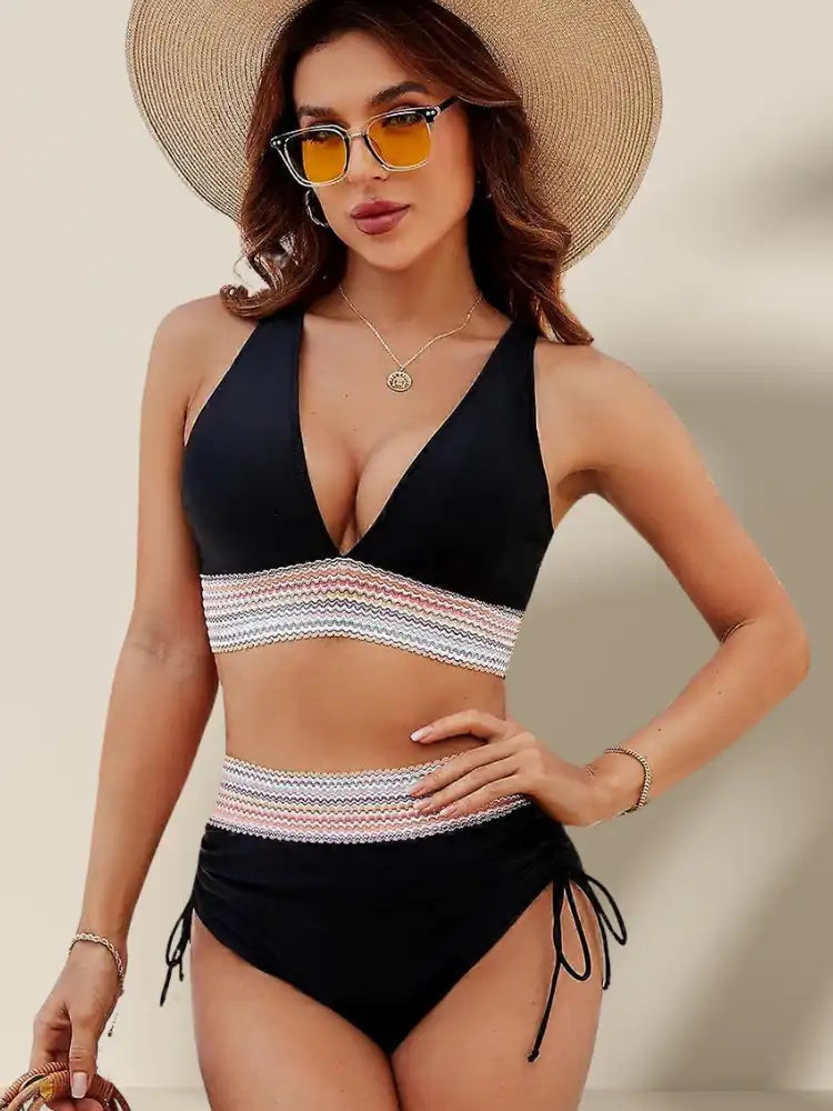 Two-piece V-neck Drawstring Bikini Swimsuit Set