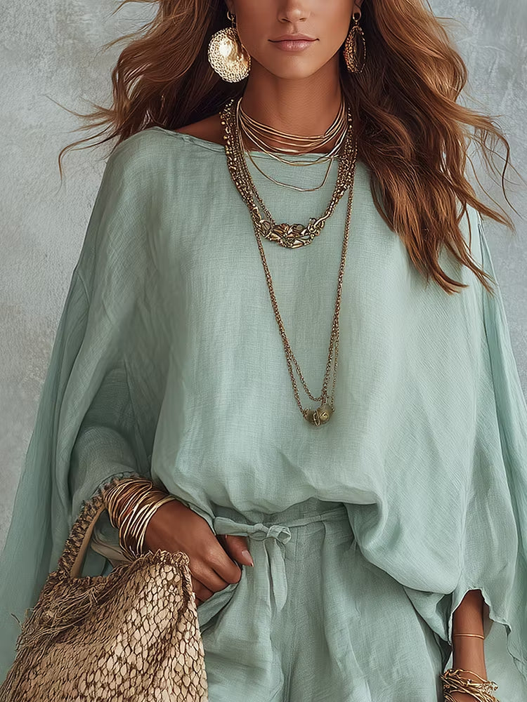 Mint Green Linen Batwing Sleeve Short Suit